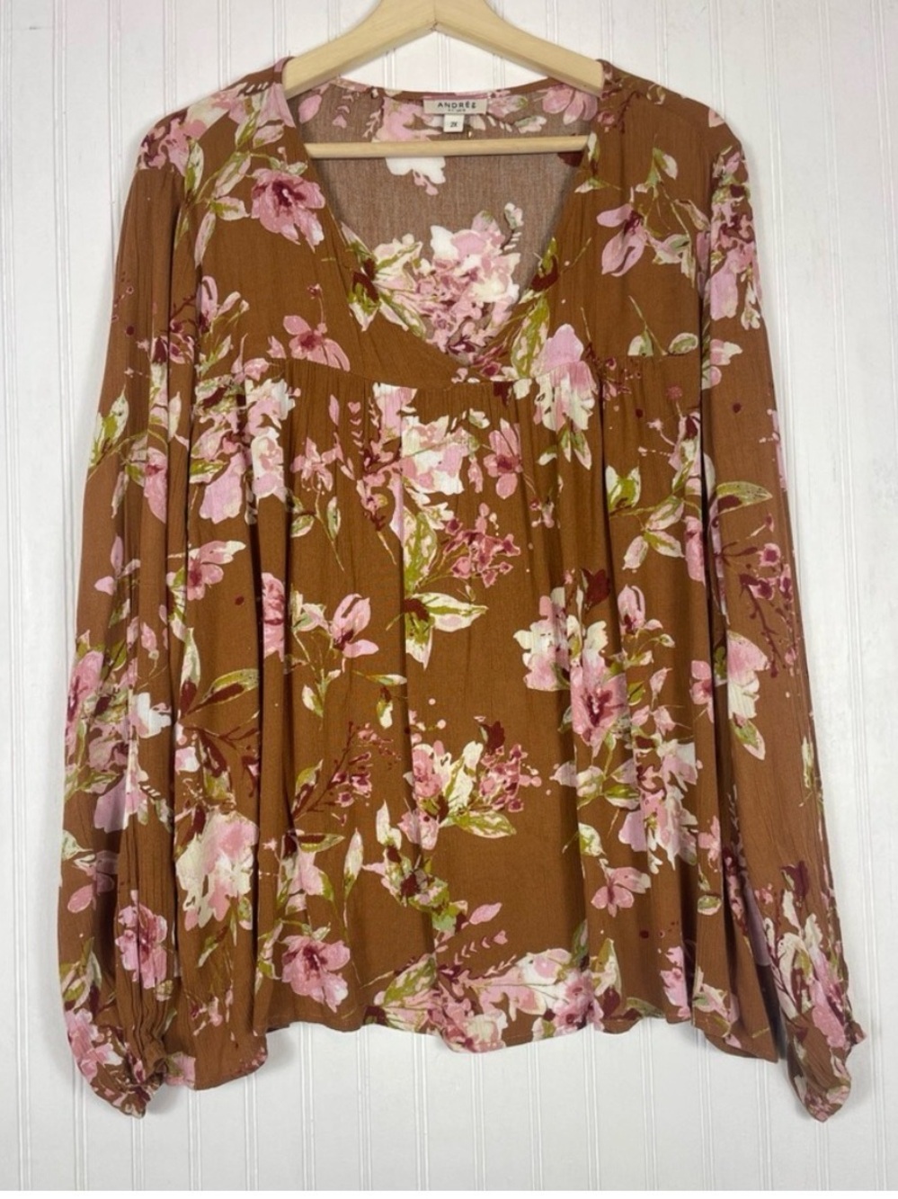 Andree By Unit Women's Plus Size Multicolor Floral LS Boho Top Sz 2X